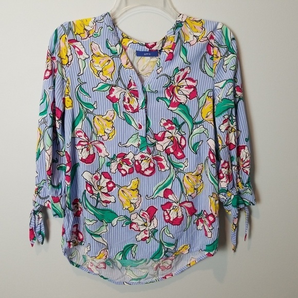Apt 9 Pin Striped & Tropical Floral Print Tie sleeves Blouse size Medium - Picture 1 of 6